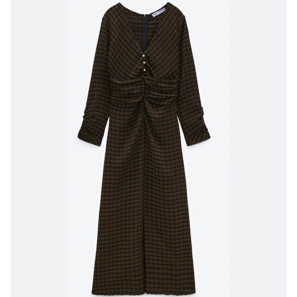 Zara textured checked draped midi dress in brown - Picture 4 of 11